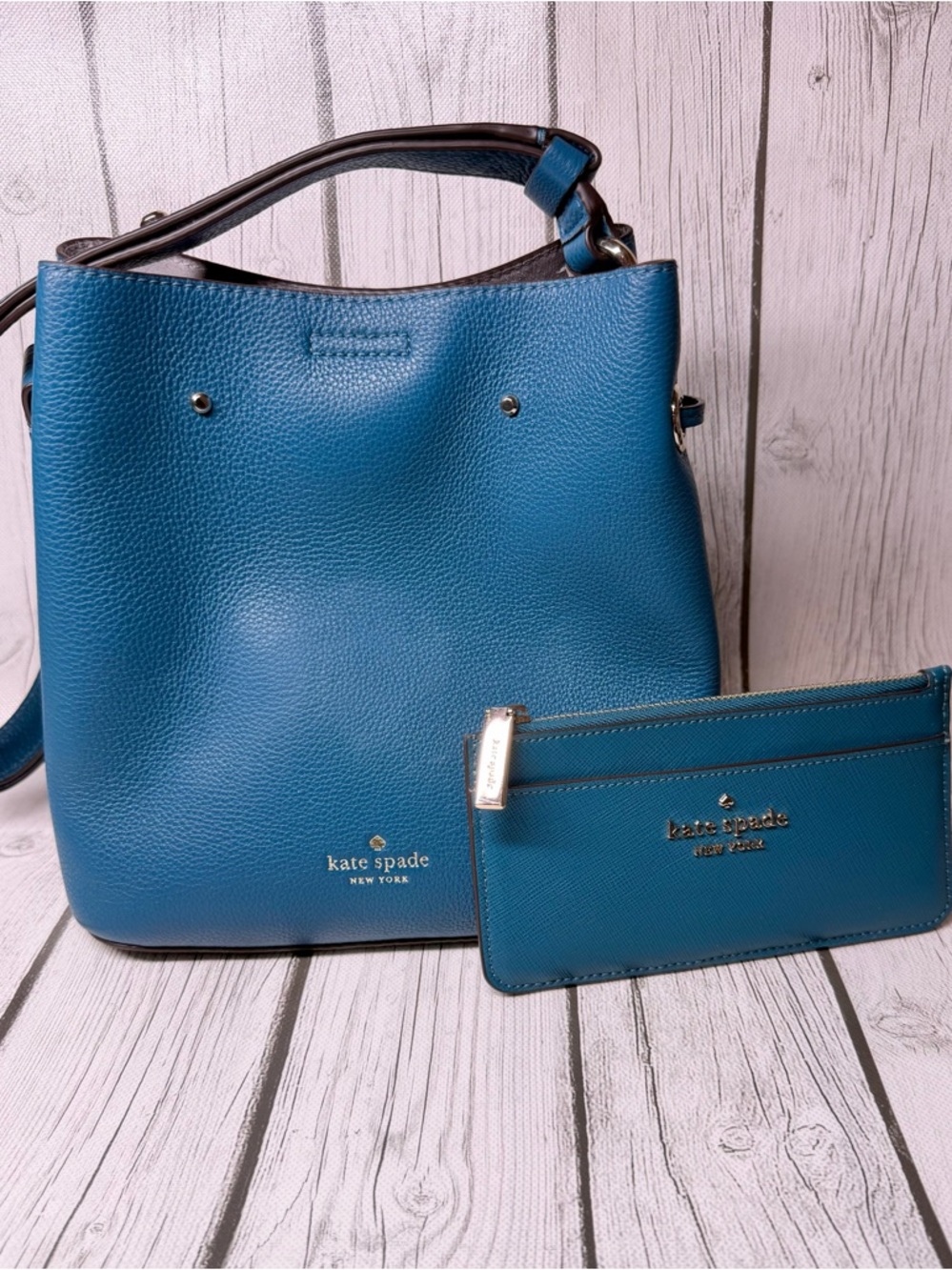 PRE LOVED Kate Spade Bucket Bag & Card Wallet Bundle Pebble Leather Dark Peaco